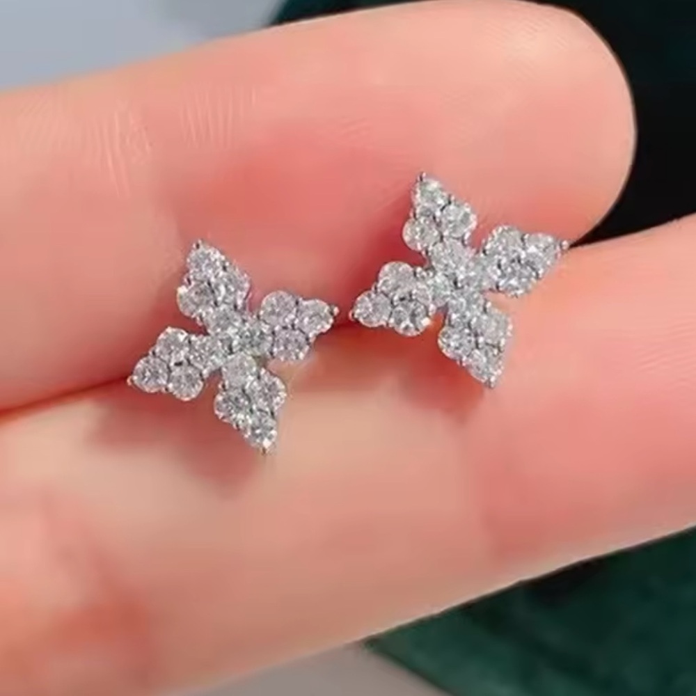 Sterling Silver Zircon Diamond Floral Cross Post-Back Stud Earrings